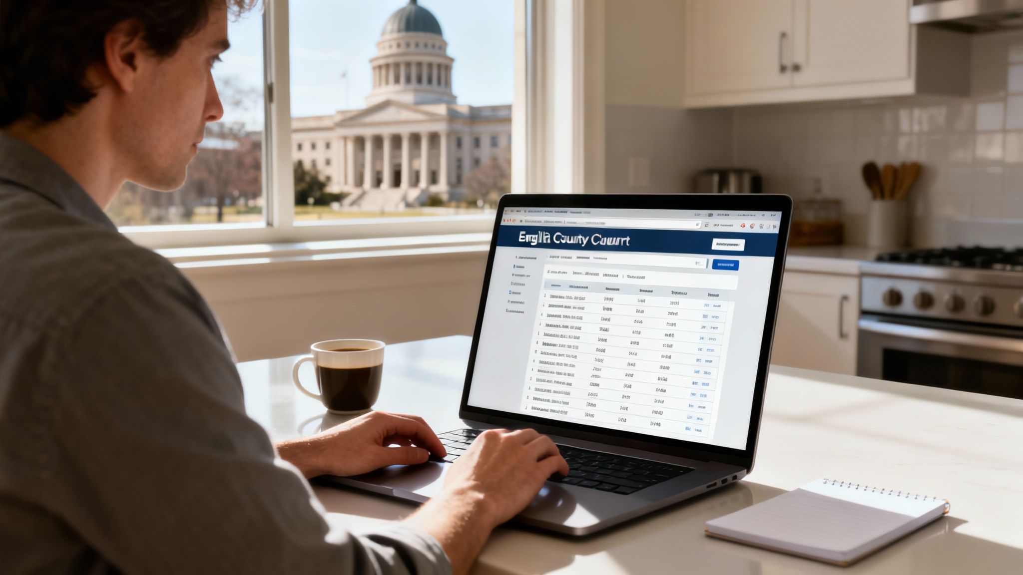 Man searching court records on a laptop, with coffee and a courthouse view.