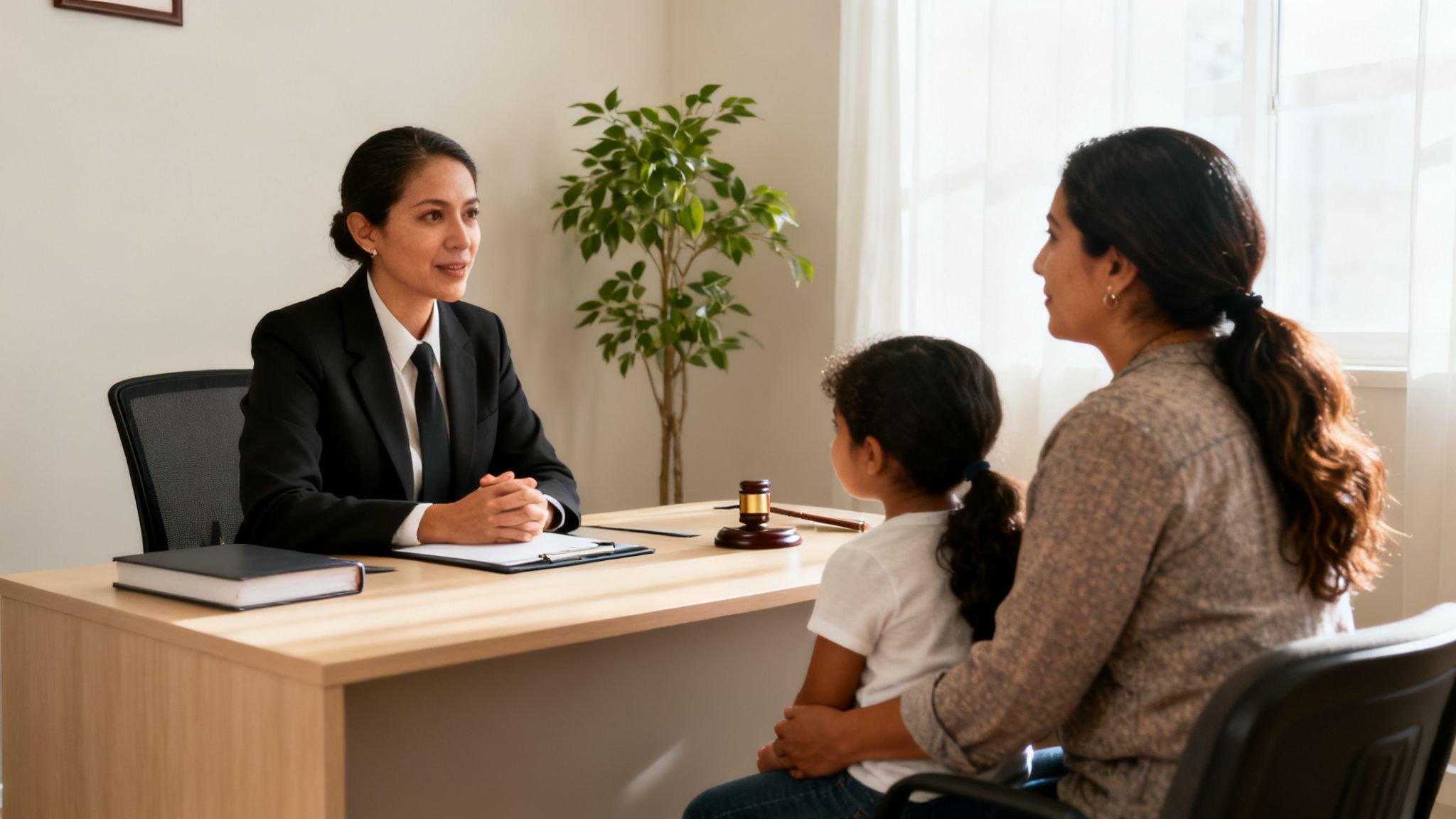 Abogada en traje hablando con una mujer y una niña pequeña en una consulta legal sobre asuntos familiares.