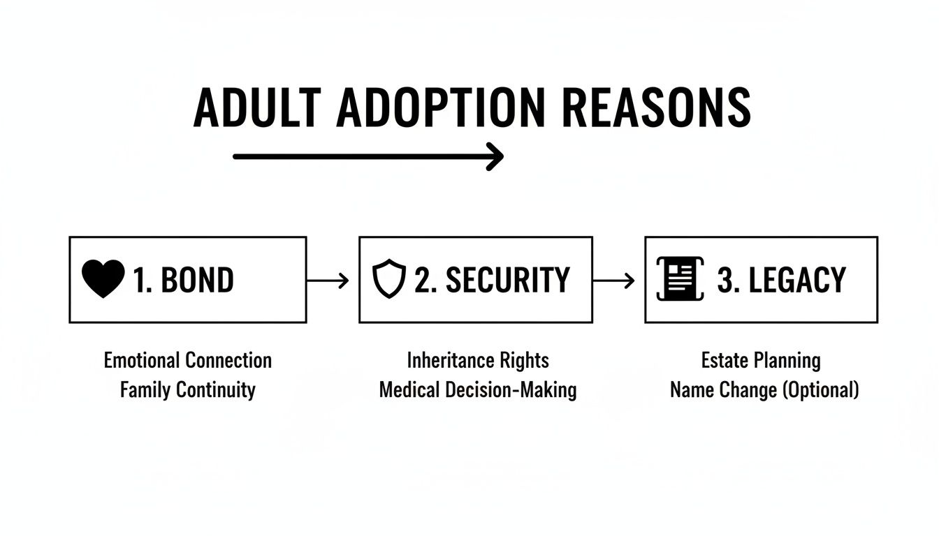 A diagram outlining adult adoption reasons: bond, security, and legacy, with their respective benefits.