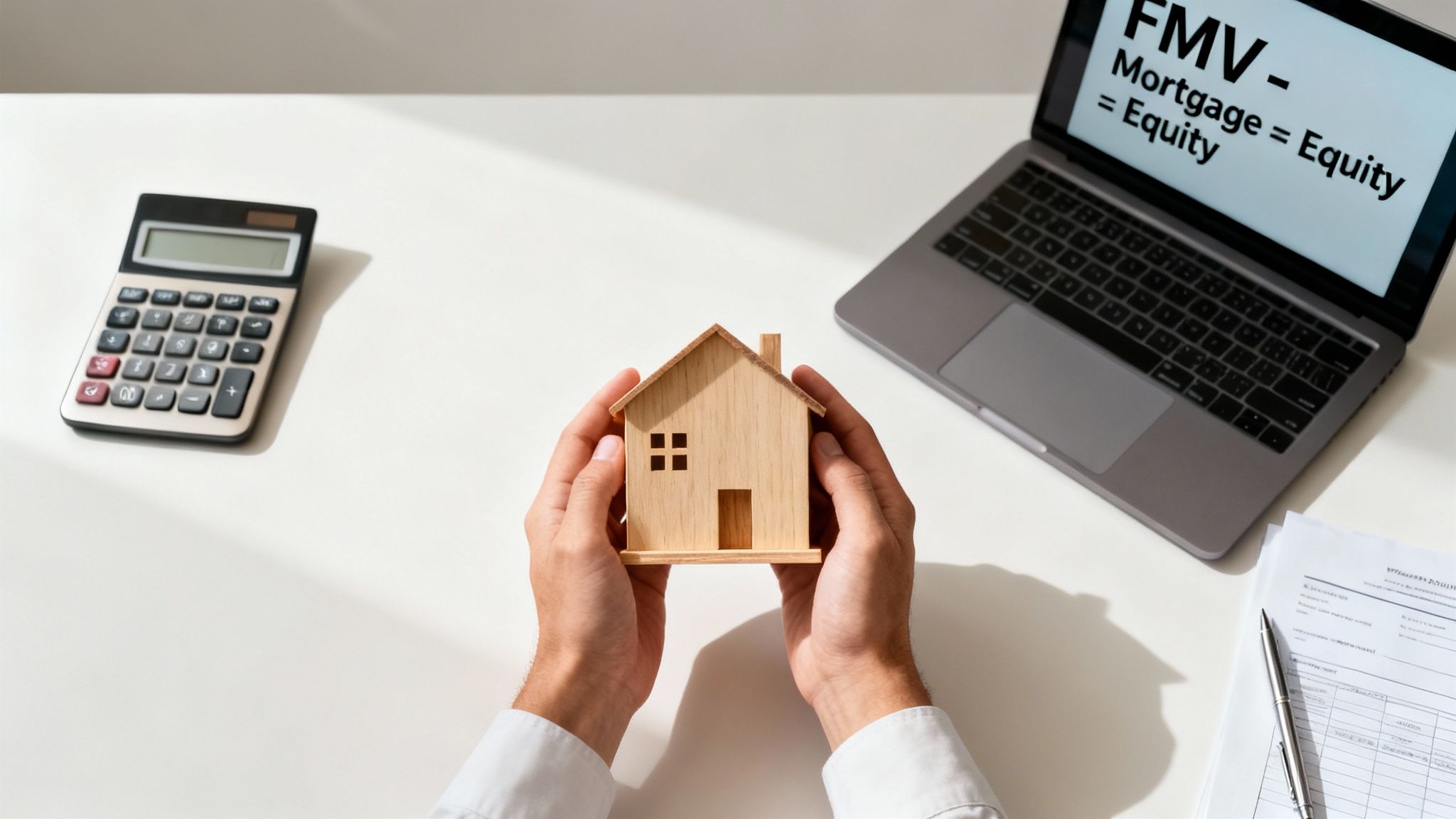 Hands holding wooden house model with calculator and laptop showing FMV mortgage equity calculation