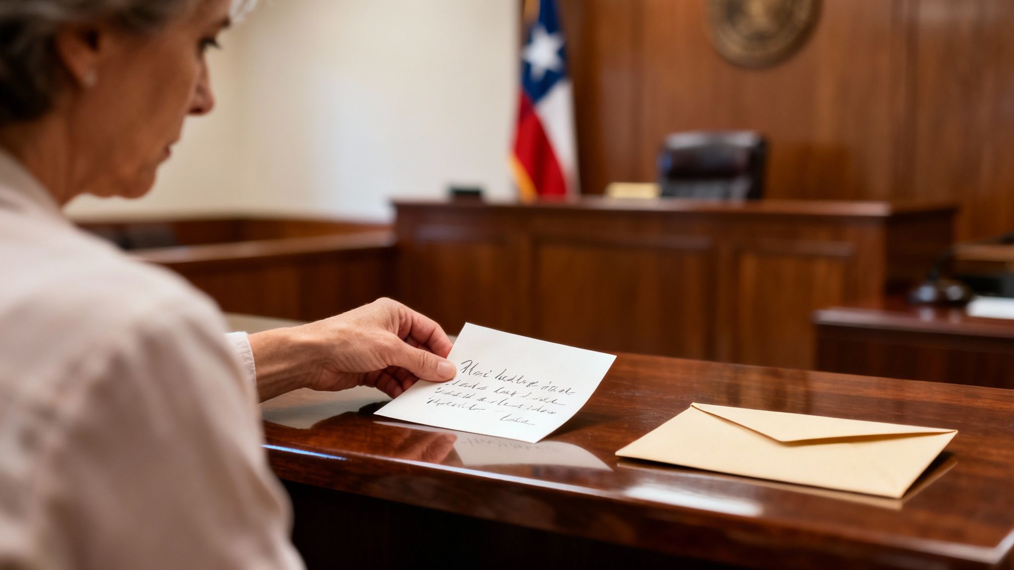 A woman in a courtroom setting holds a handwritten letter, with an envelope on a wooden table.