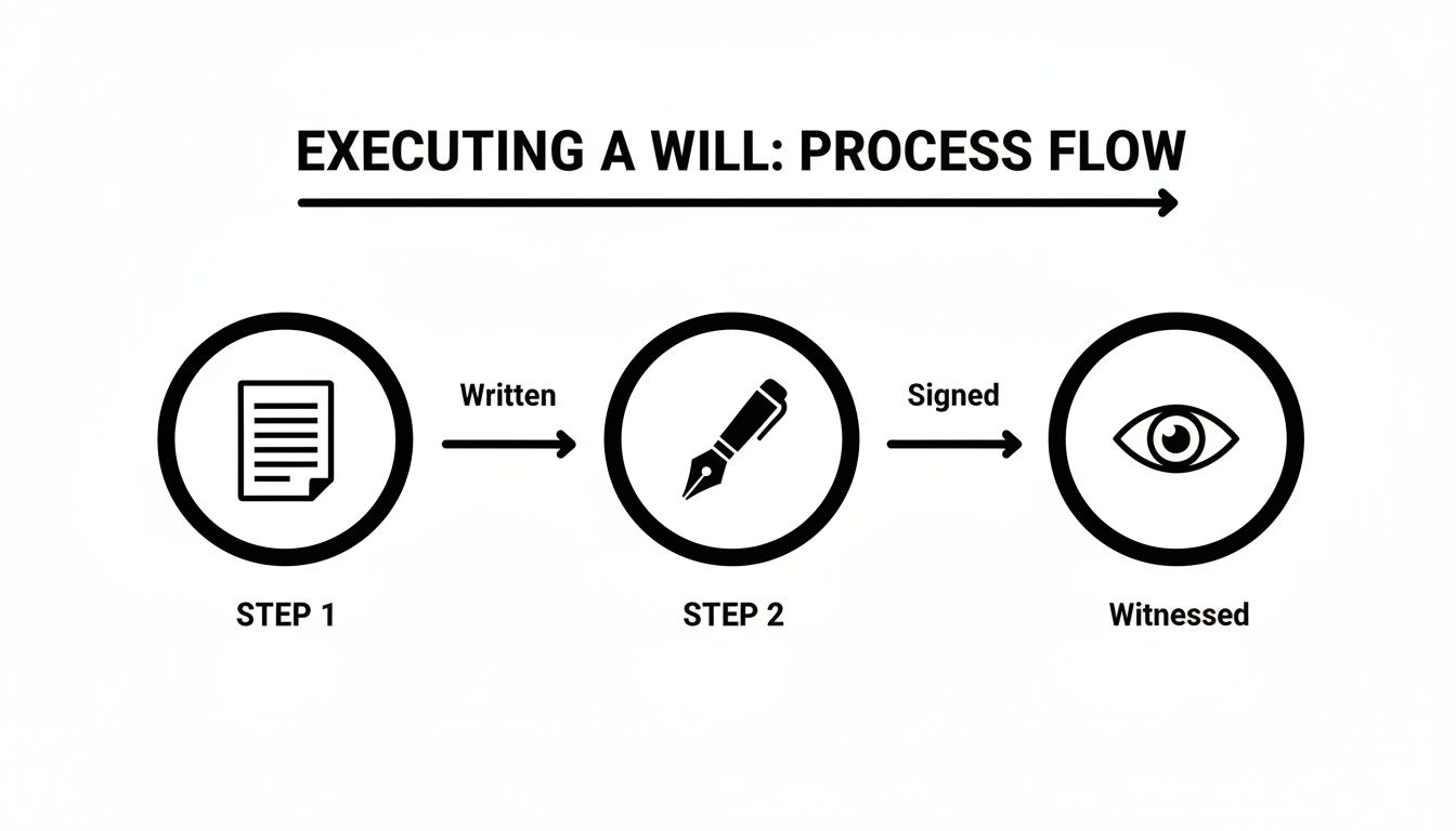 Process flow diagram for executing a will, outlining the written, signed, and witnessed steps.