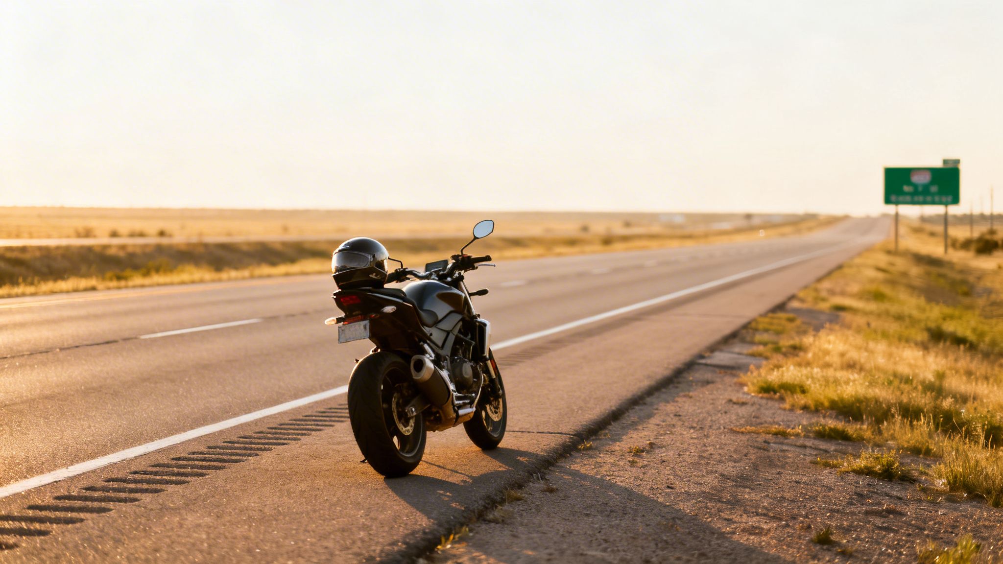 A black motorcycle with a helmet parked on the shoulder of a long, open highway at sunset.