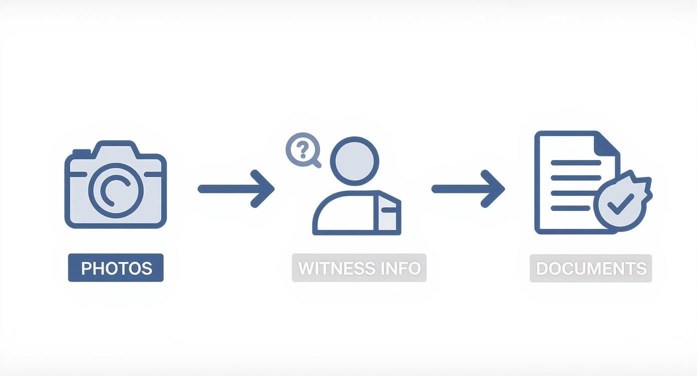 Infographic showing the evidence gathering process with icons for photos, witness information, and documents.