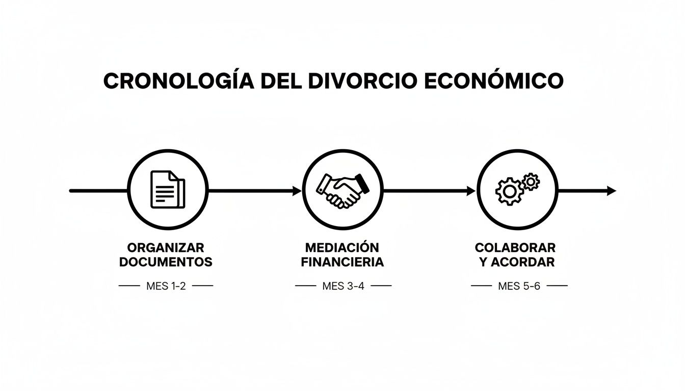 Cronología visual del divorcio económico en 3 pasos: organizar documentos, mediación financiera y acuerdos.
