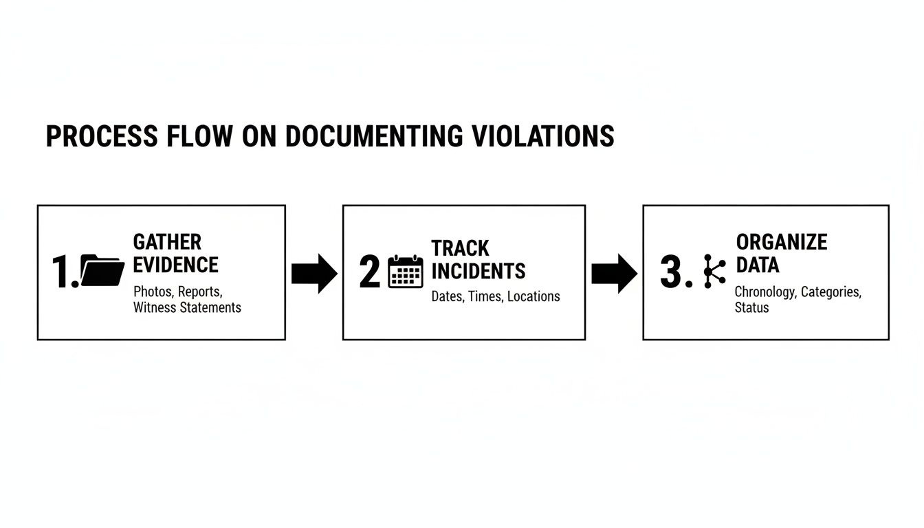Process flow diagram illustrating three steps for documenting violations: gather evidence, track, and organize data.
