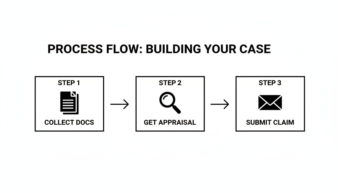 A process flow diagram illustrating three steps: collect documents, get appraisal, and submit claim.