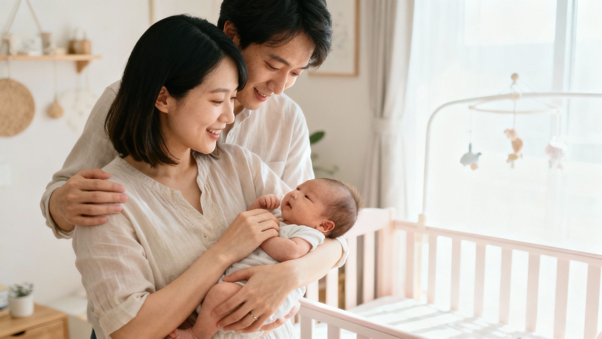 Couple joyfully holding their newborn baby in a bright nursery, symbolizing the final steps of the adoption journey and family bonding.