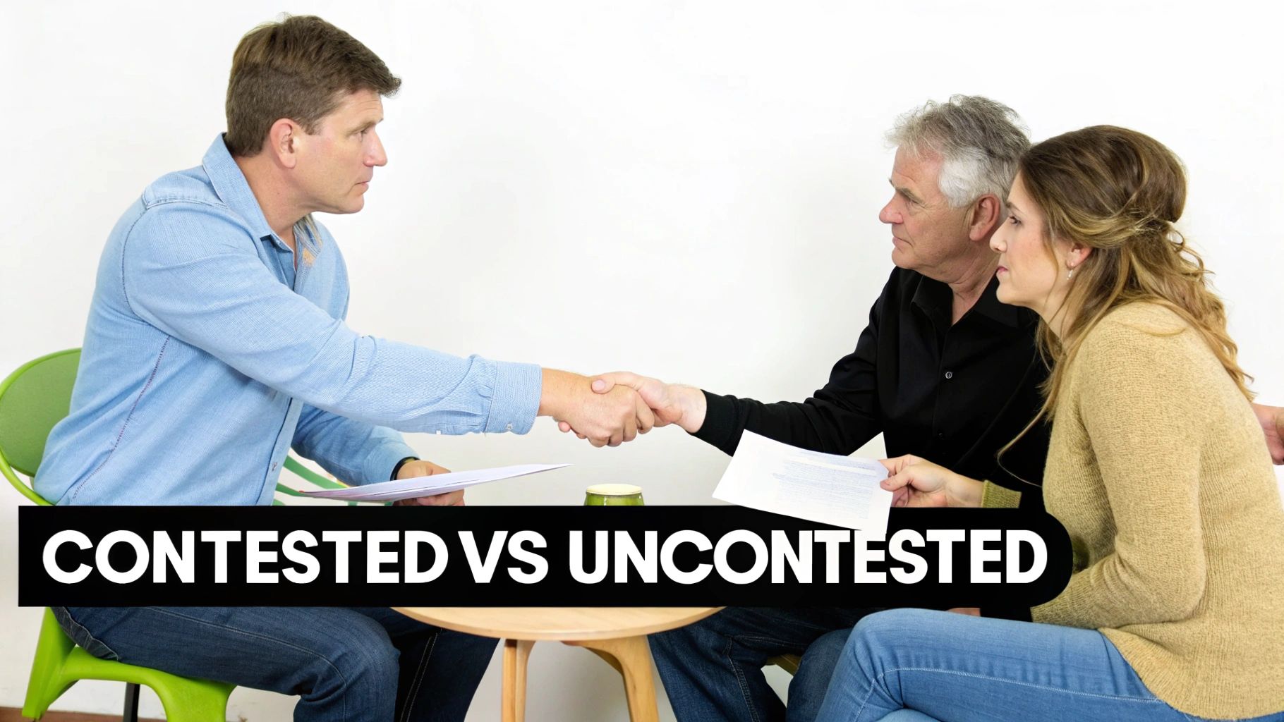 Two men shaking hands across a table with a woman present, and text 'CONTESTED VS UNCONTESTED'.