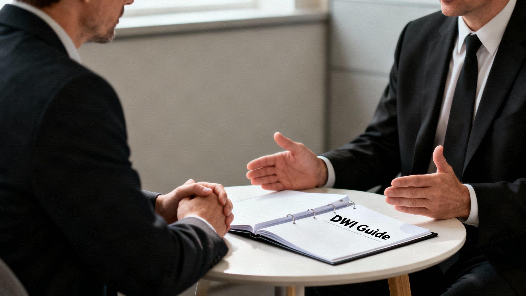 Two professionals discussing a DWI guide at a table, with a binder labeled "DWI Guide" prominently displayed, emphasizing legal consultation on DWI penalties in Texas.