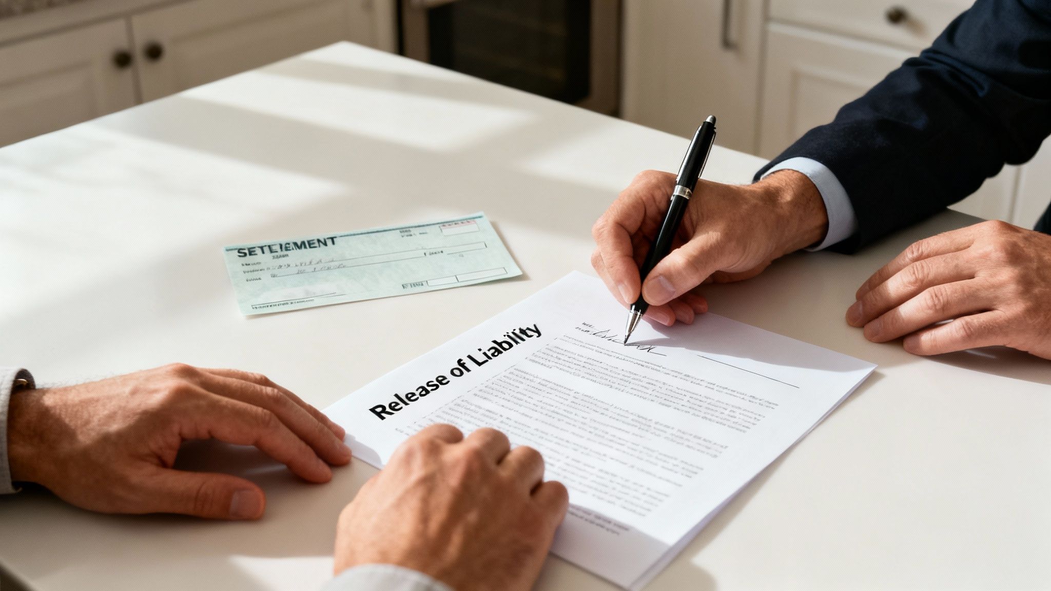 Two people are shown, one signing a 'Release of Liability' document with a pen, next to a settlement check.