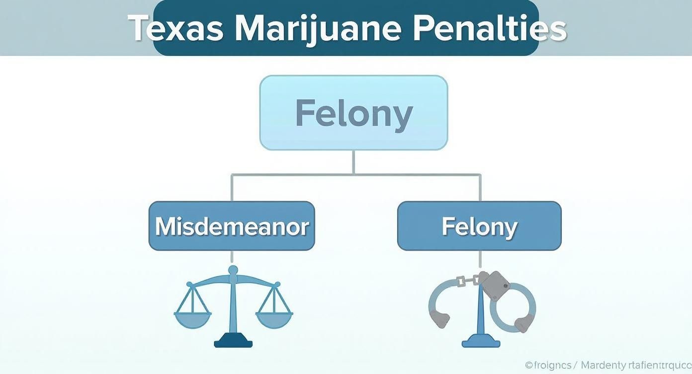 Texas marijuana penalties flowchart illustrating the distinction between misdemeanor and felony charges, highlighting the critical impact of weight on legal consequences, with scales representing misdemeanors and handcuffs symbolizing felonies.