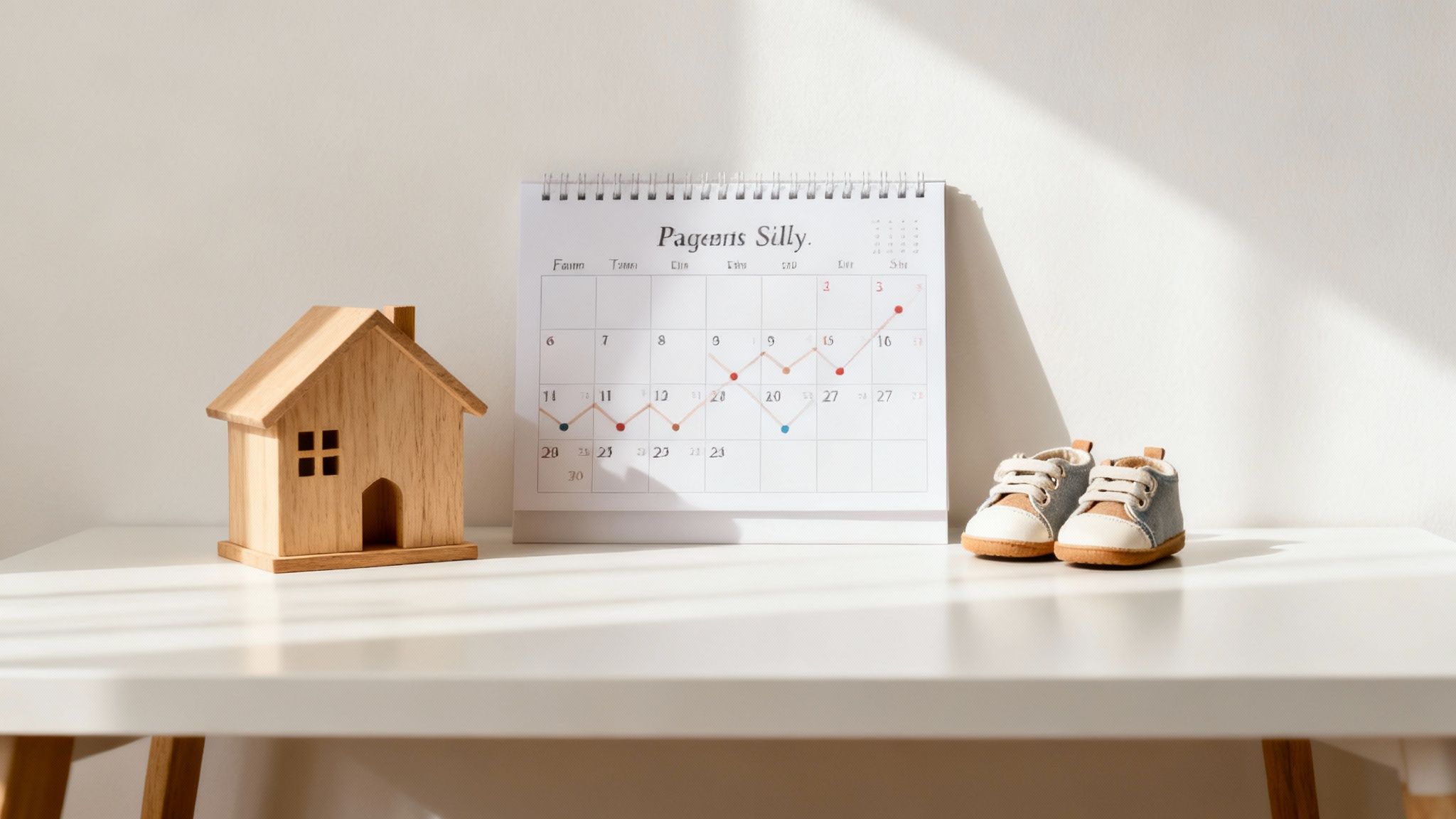 Pagans Silly calendar with wooden house model and baby shoes representing family planning milestones