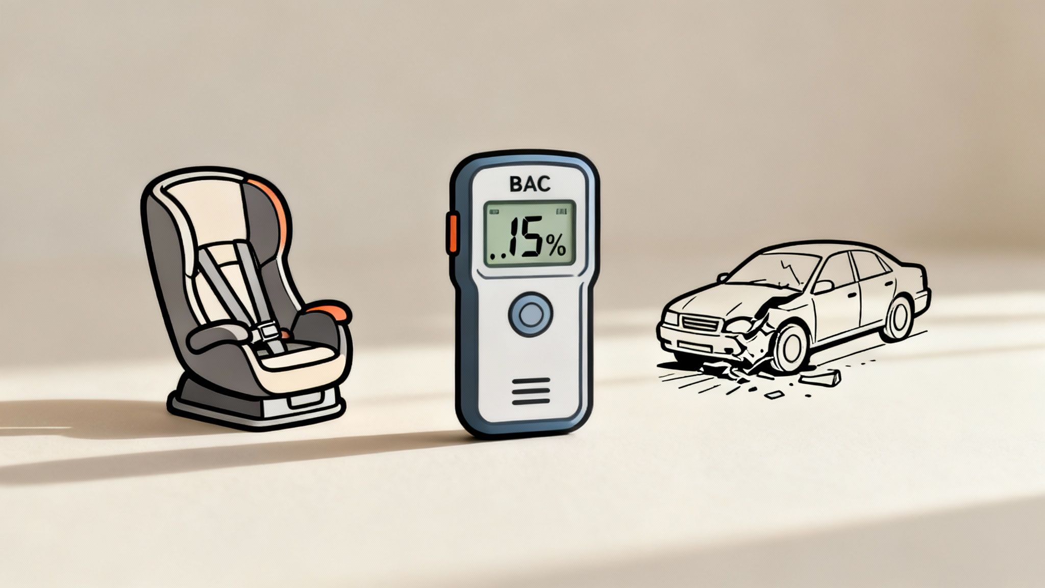 Car seat, breathalyzer displaying 0.15% BAC, and crashed vehicle illustrating severe DWI penalties and risks in Texas.