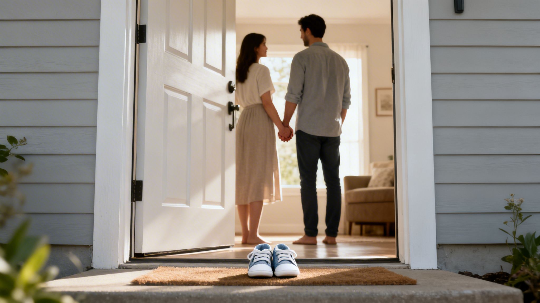 A happy couple stands hand-in-hand in their doorway, with baby shoes on the welcome mat.