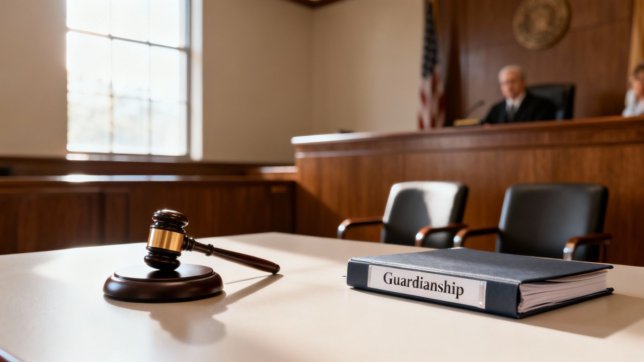 Gavel and guardianship file on courtroom table, symbolizing legal process for guardianship in Texas.