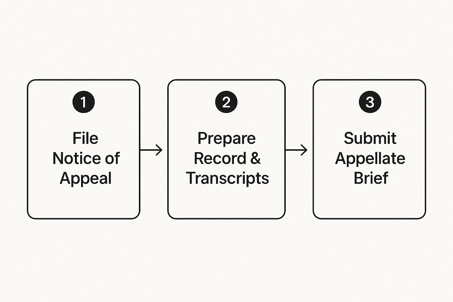 Infographic showing a three-step process flow: Step 1 is to File Notice of Appeal, Step 2 is to Prepare Record & Transcripts, and Step 3 is to Submit Appellate Brief.