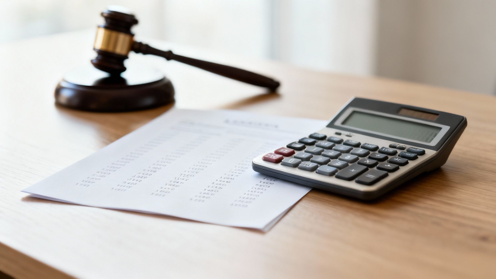 A judge's gavel, a calculator, and a financial document with numbers on a wooden desk.