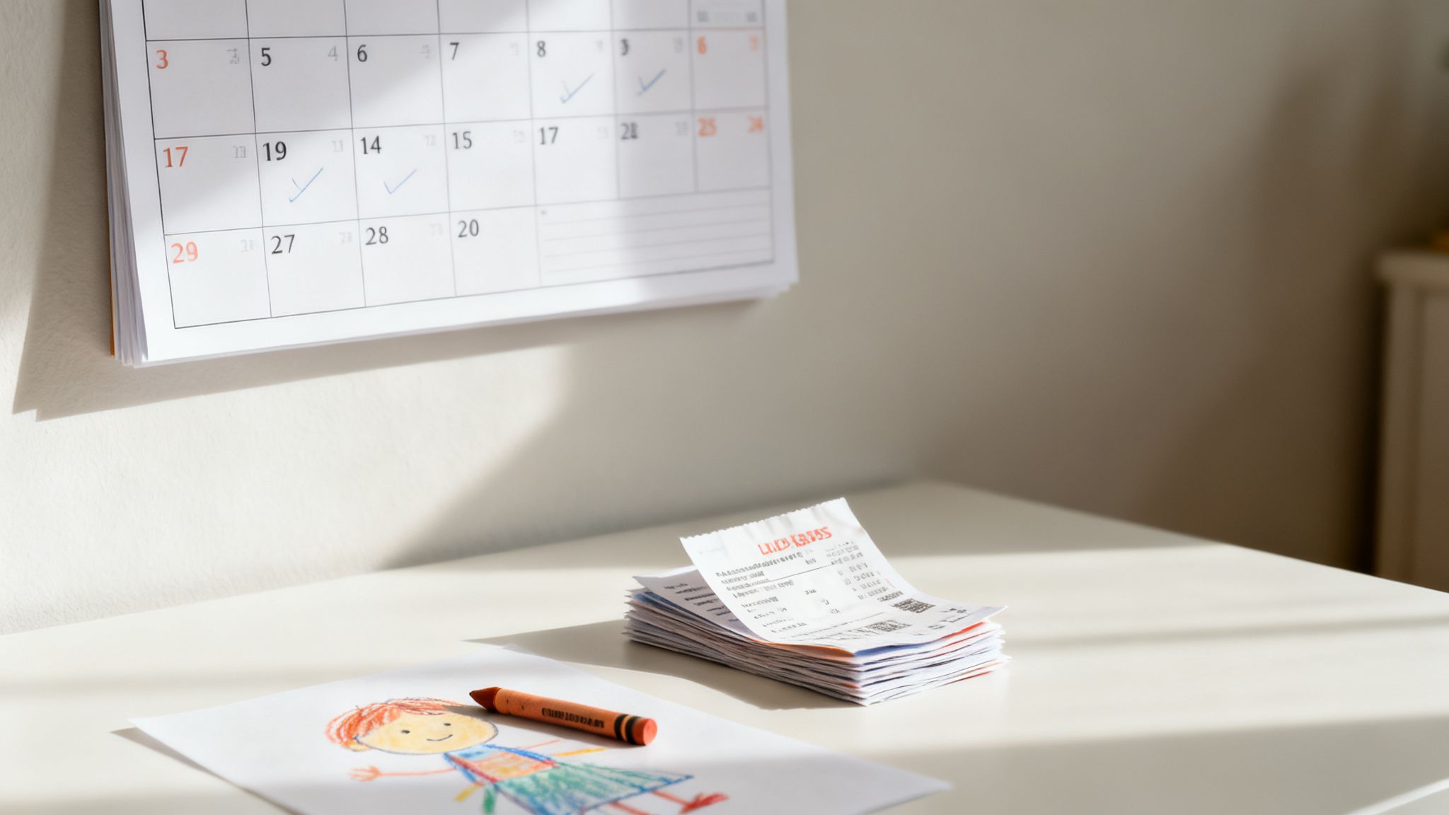 A bright home desk with a calendar, a stack of receipts, a child's drawing, and a crayon.