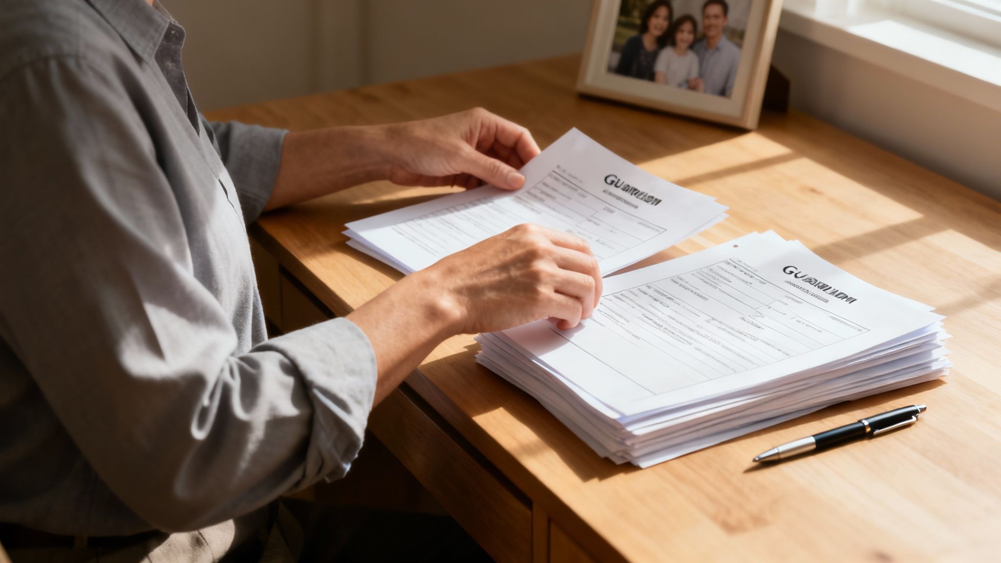 A person's hands carefully signing an official legal document with a pen.