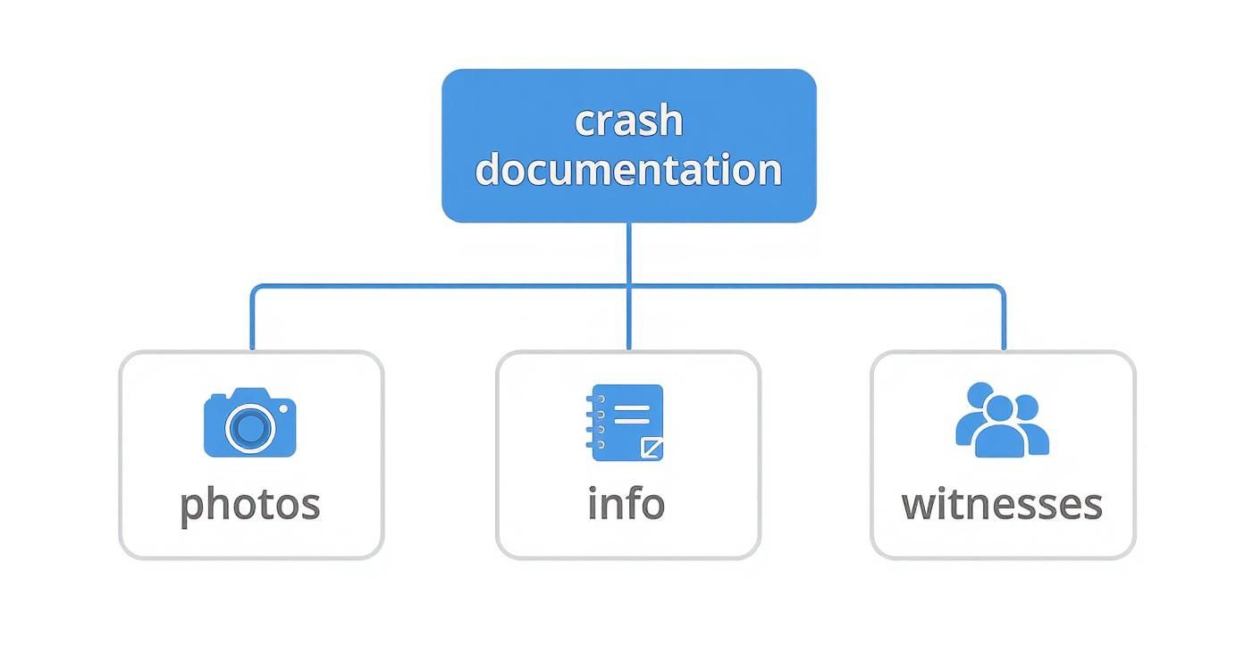 Infographic decision tree showing the key steps for documenting a car crash: taking photos, exchanging information, and finding witnesses.