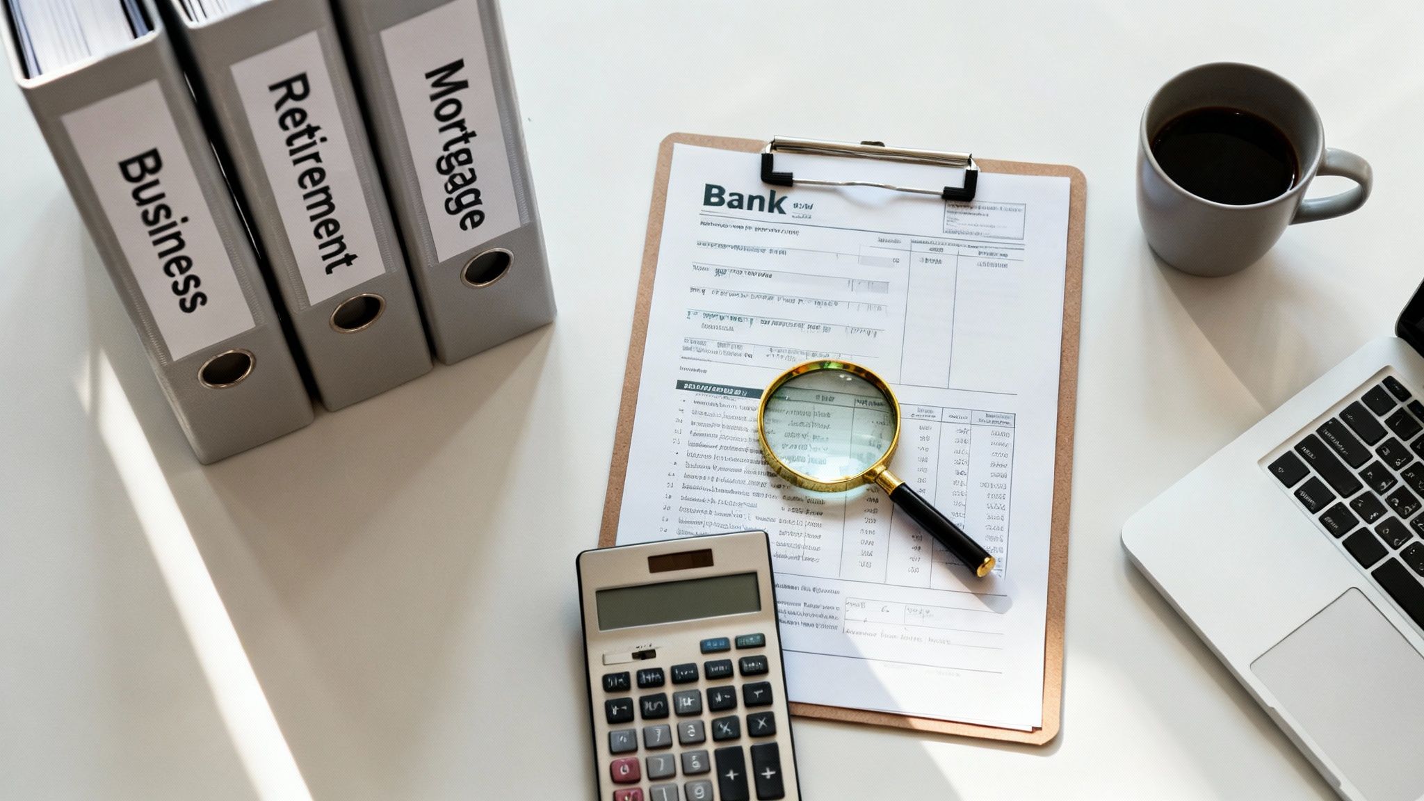 A desk with financial binders labeled Business, Retirement, Mortgage, a calculator, laptop, and coffee.
