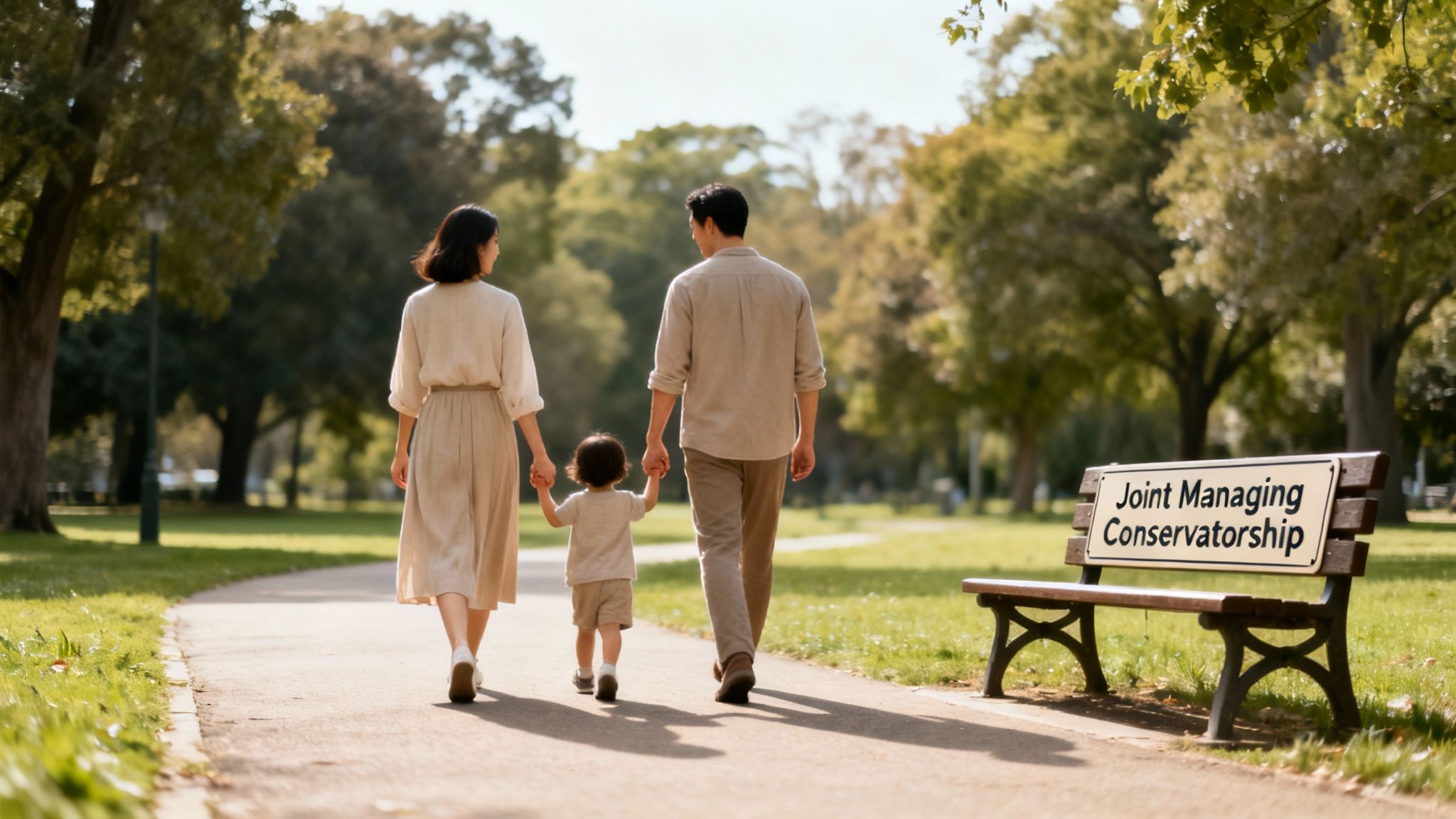 Family walking together in a park, symbolizing Joint Managing Conservatorship, with a bench displaying the term prominently.