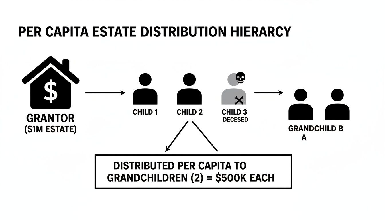 Diagram showing a $1M estate distributed per capita to two grandchildren, each receiving $500K.