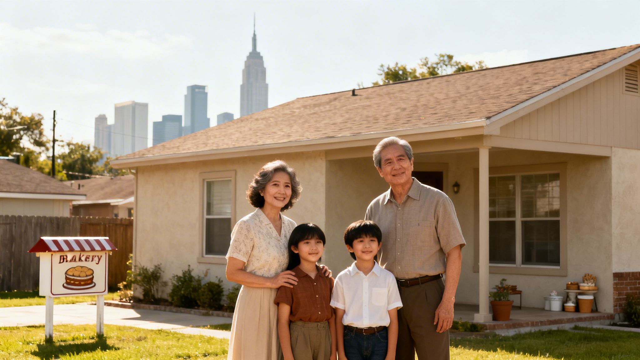 A smiling multi-generational Asian family, including grandparents and children, stands in front of a suburban home with a city skyline.