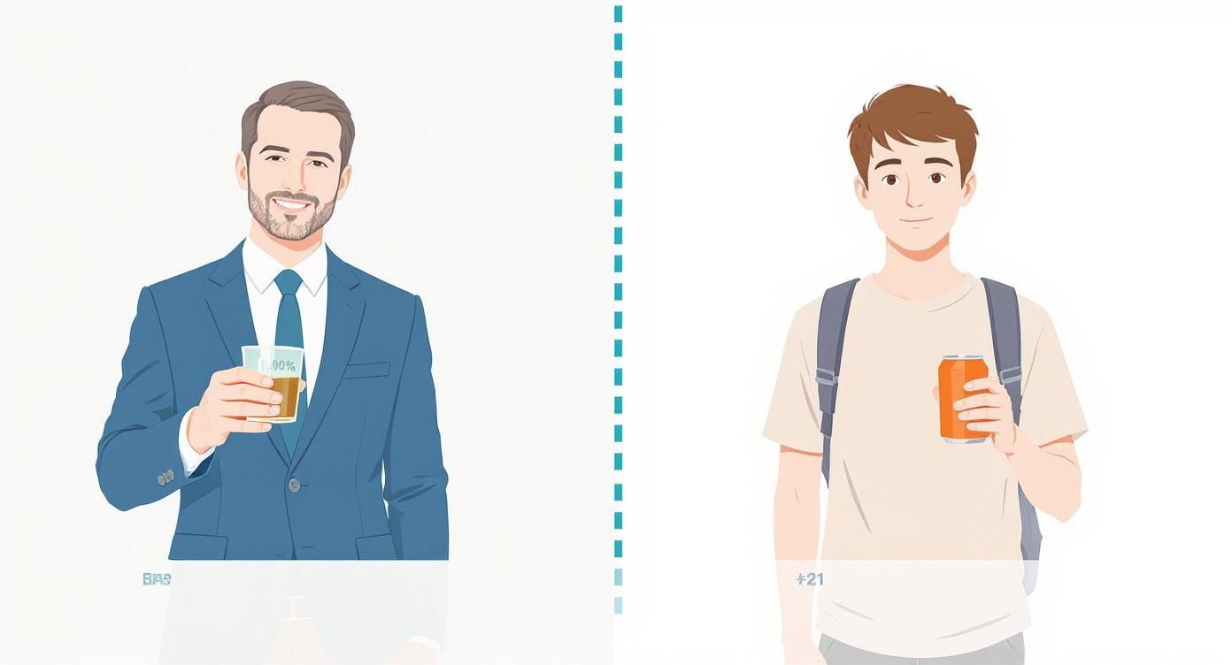 Illustration of an adult man in a suit holding a drink and a young man with a backpack holding a can, separated by a line.