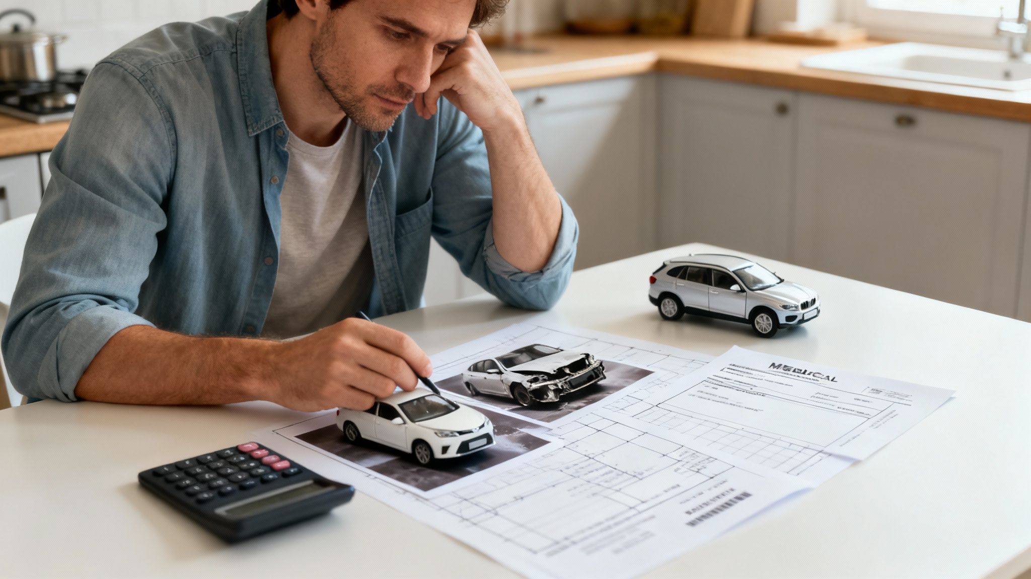 A man looking concerned calculates car accident settlement costs, reviewing documents and toy cars on a table.
