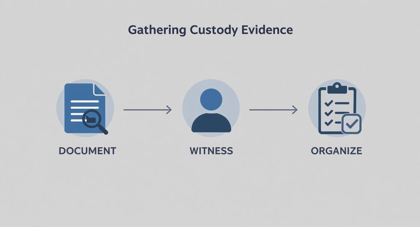 Infographic showing the process of gathering custody evidence, with icons for Document, Witness, and Organize.