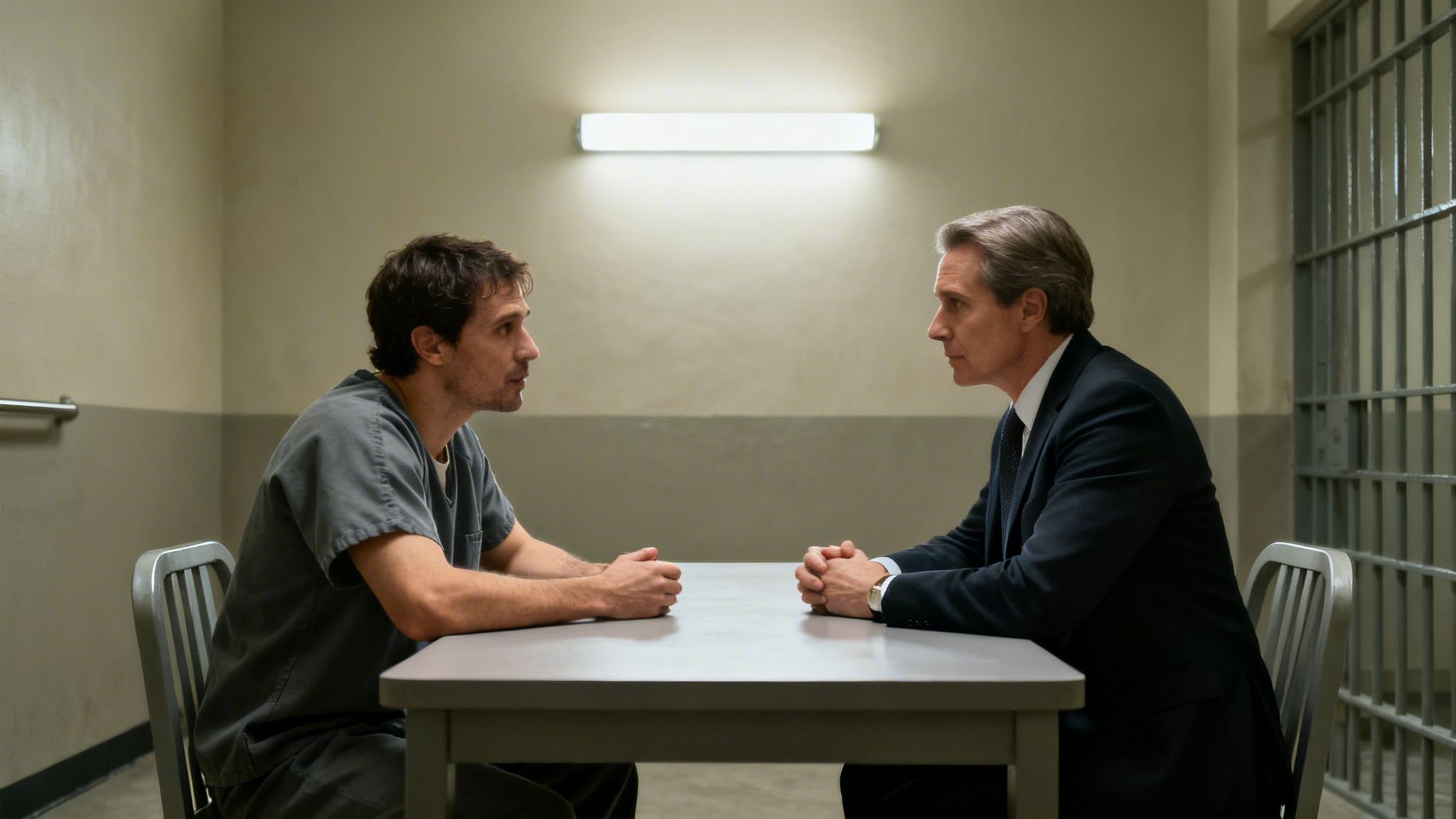 A prisoner and a man in a suit sit across a table in a stark, institutional room.