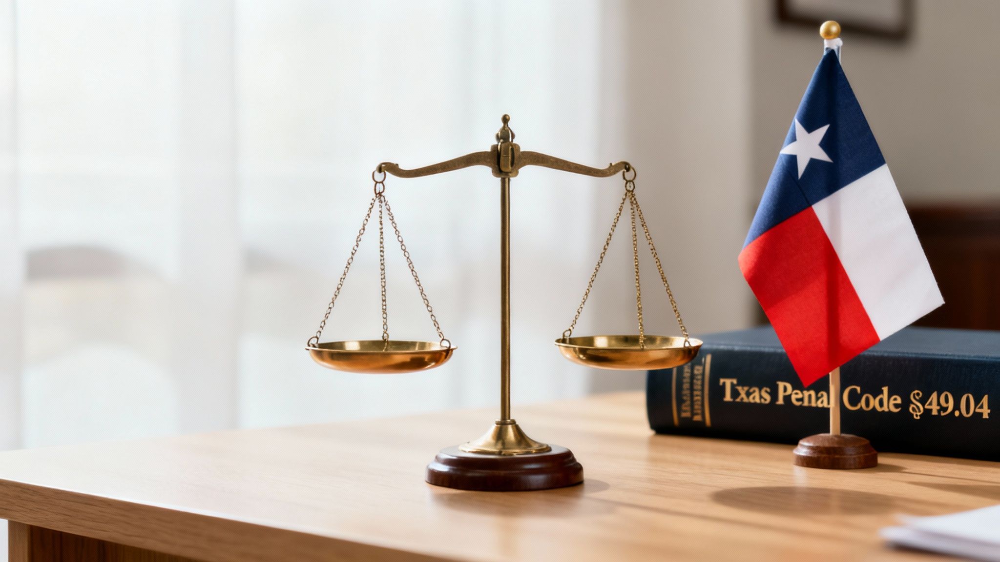 A brass scale of justice sits next to a Texas flag and a Texas Penal Code book.