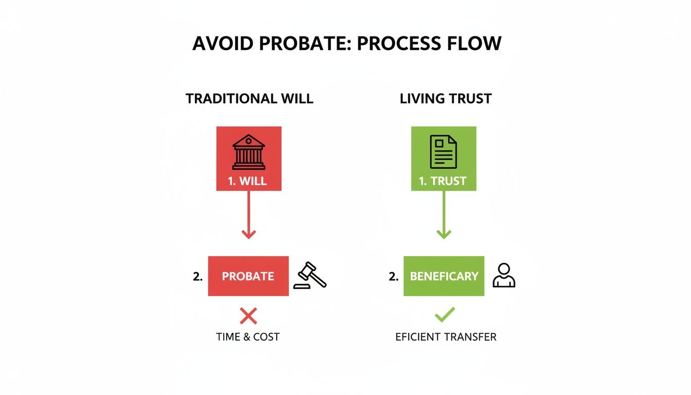 Diagram comparing traditional will and living trust for estate planning, illustrating how trusts avoid probate, saving time and cost.
