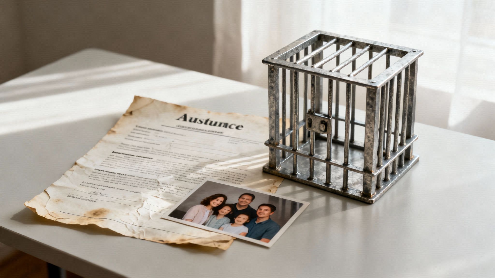 Metal jail cell model alongside a faded legal document labeled "Austunce" and a family photo, symbolizing the serious consequences of intoxication manslaughter charges in Texas.