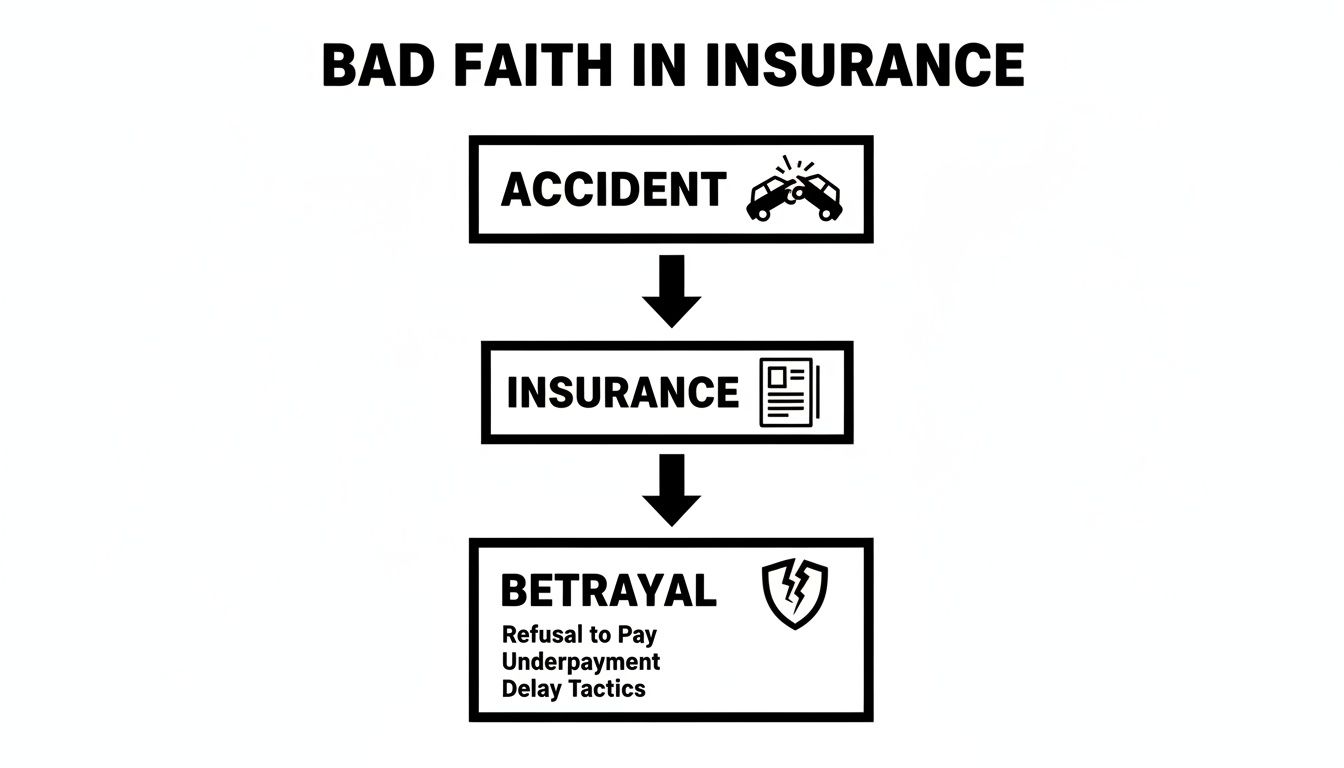 Flowchart showing an accident leading to insurance, then betrayal through refusal, underpayment, or delay tactics.