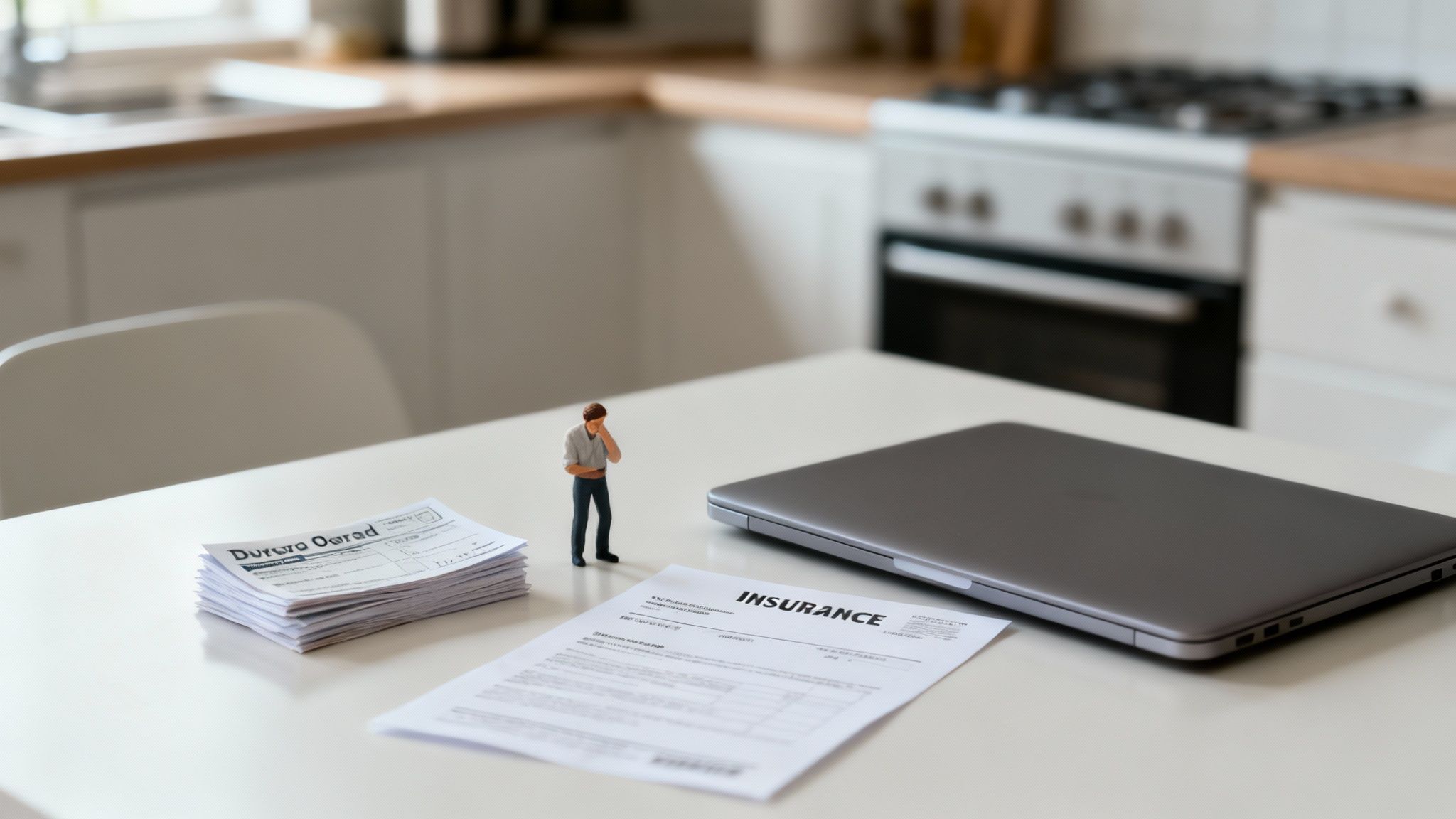 Miniature figure of a worried man standing beside insurance documents and a laptop on a kitchen table, symbolizing the stress of DWI legal consequences and financial implications.