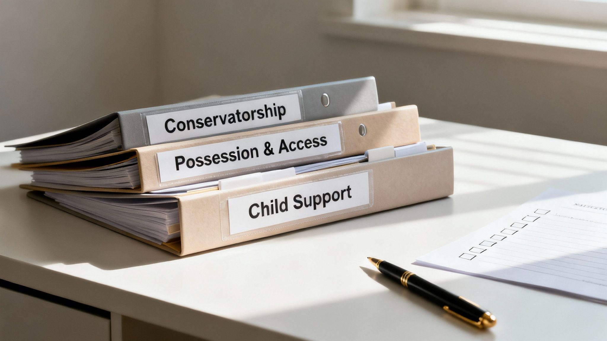 Three legal binders on a desk labeled Conservatorship, Possession & Access, and Child Support.