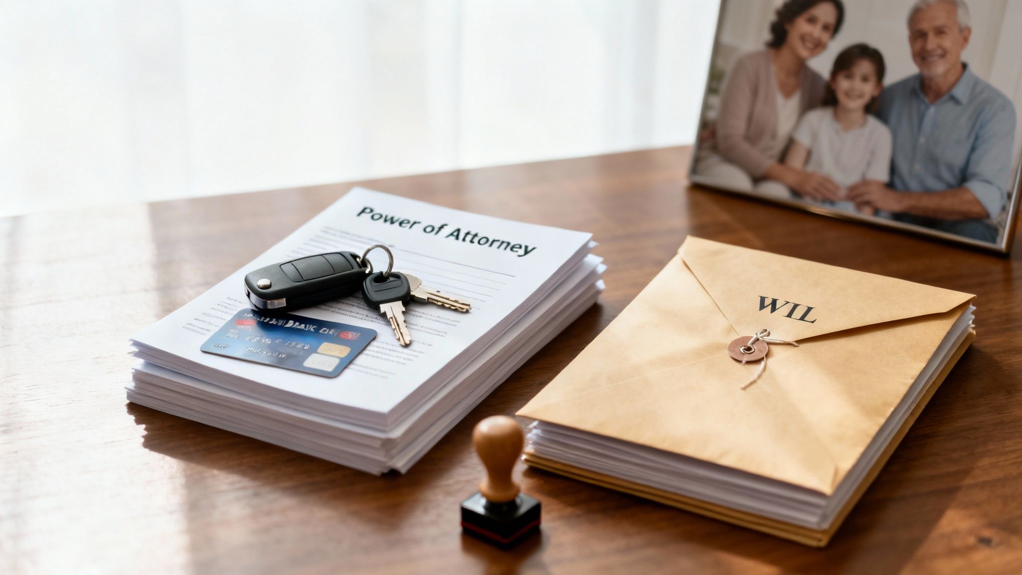Power of Attorney documents with car keys and credit card on a wooden table next to a sealed envelope labeled "WIL," symbolizing estate planning and asset protection.