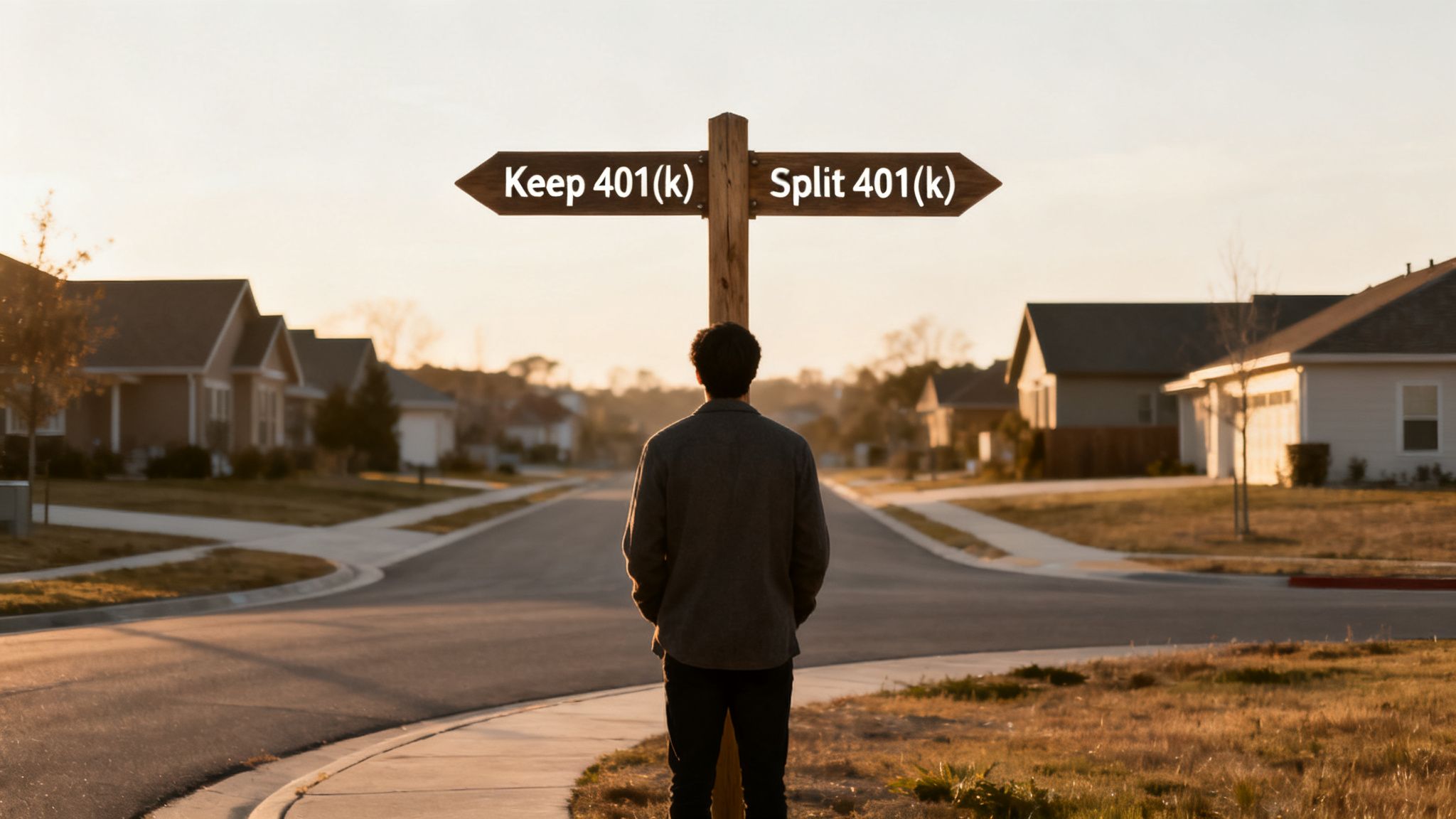 A person stands at a crossroads, choosing between keeping or splitting a 401(k).