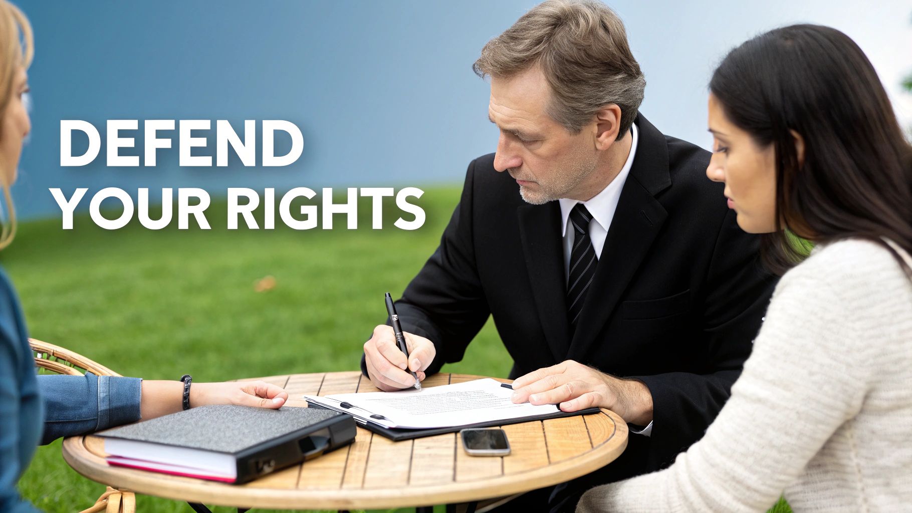 A lawyer in a suit assists two women with signing legal documents at an outdoor table.