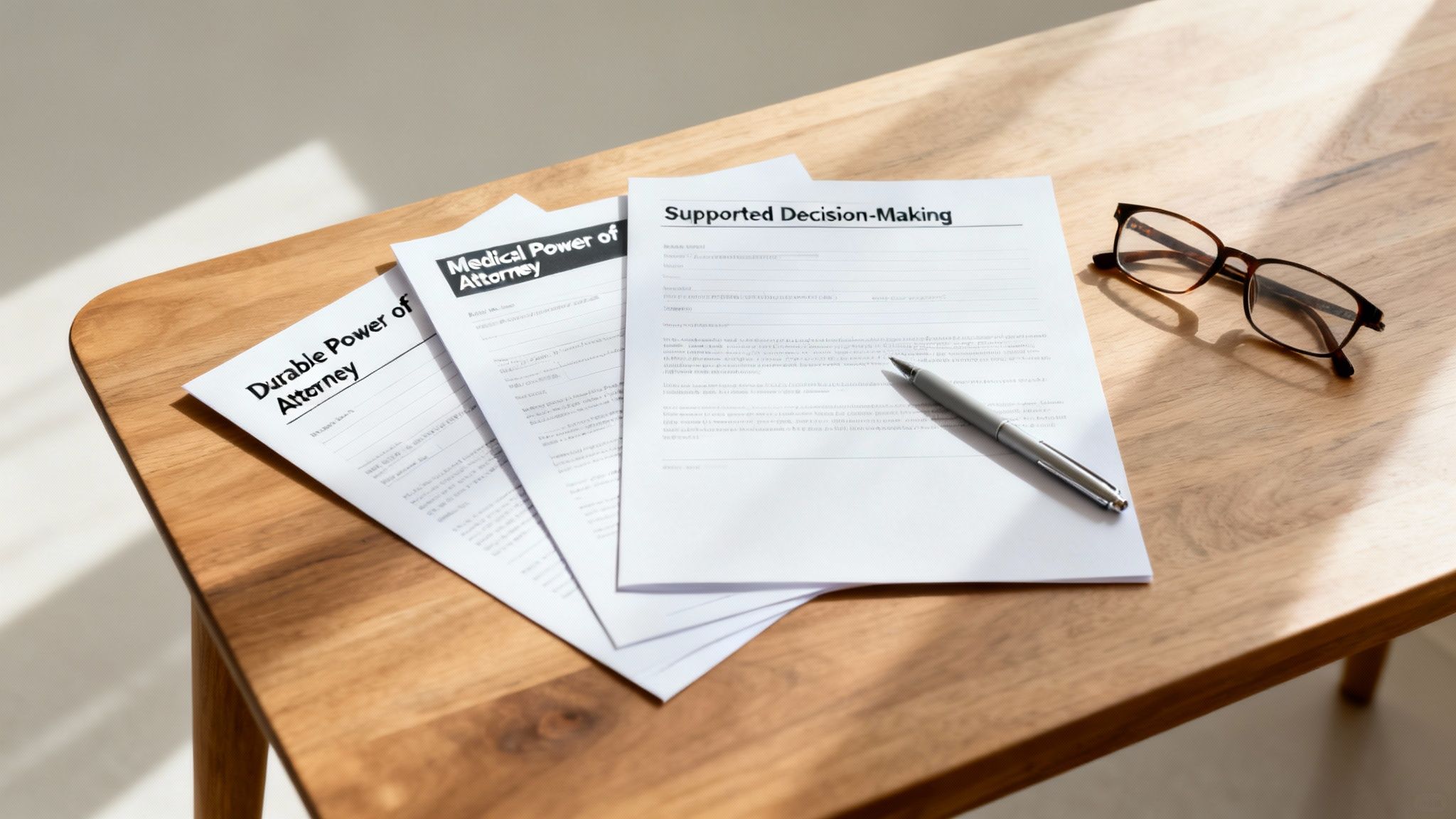 Durable Power of Attorney, Medical Power of Attorney, and Supported Decision-Making forms on a wooden table with a pen and eyeglasses, illustrating legal options for guardianship and decision-making support in Texas.