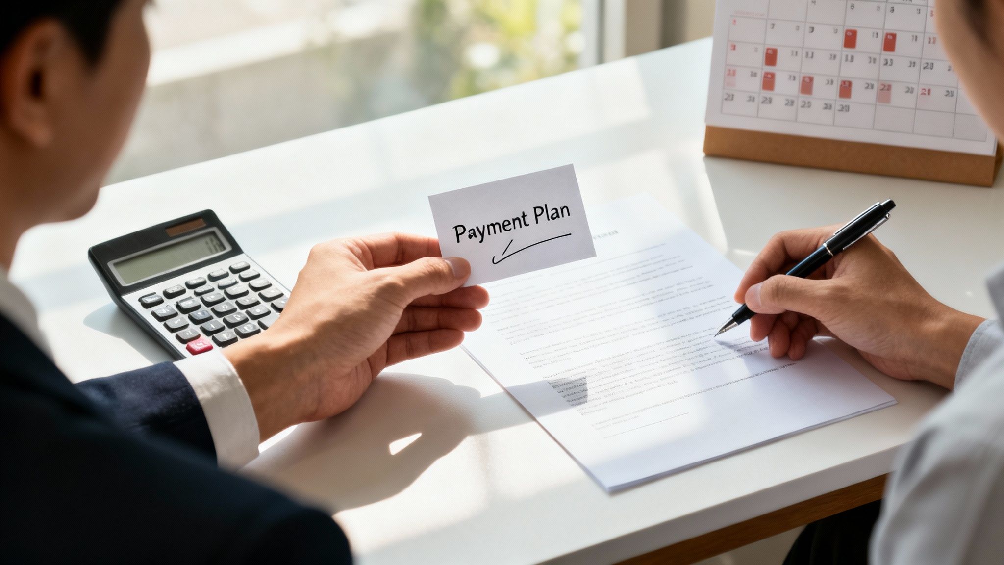 Person holding a "Payment Plan" card beside a calculator and legal documents, illustrating financial options for expungement services in Texas.