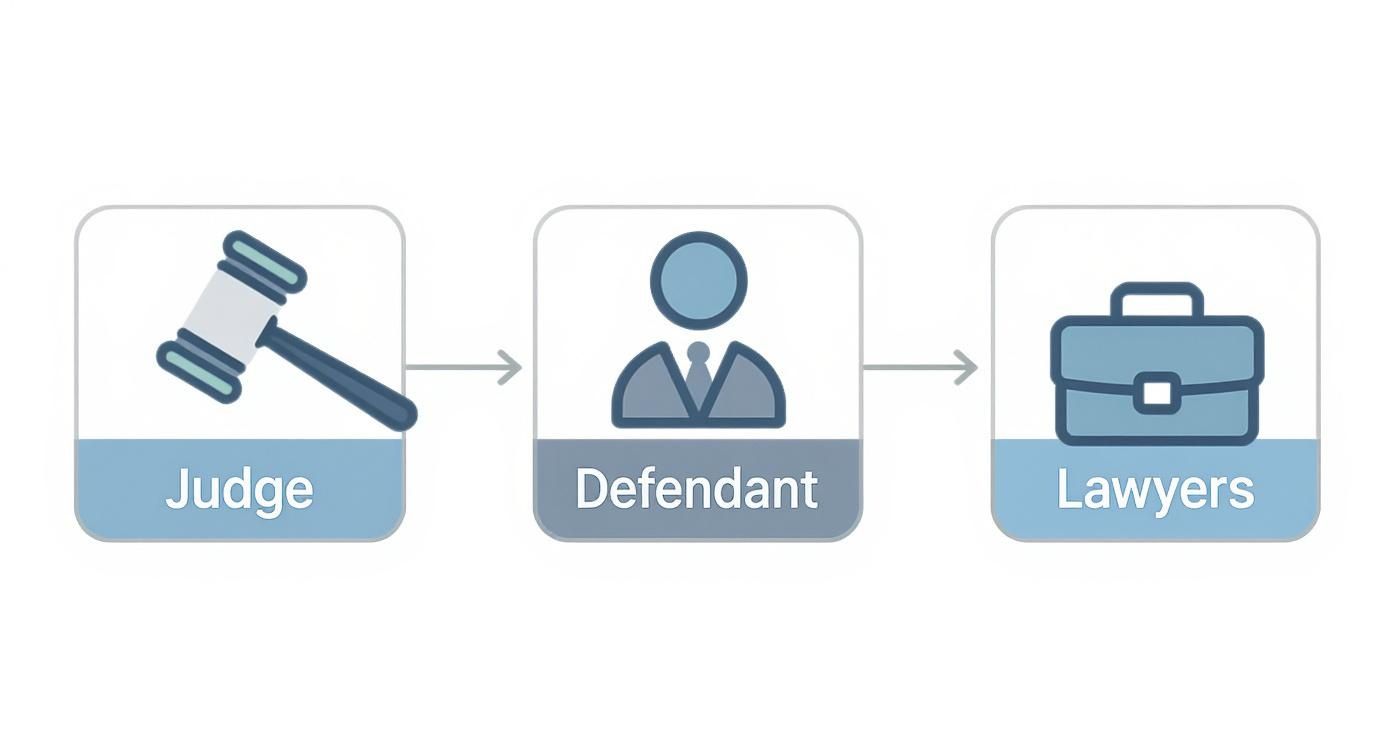 A simple diagram depicting a judge, defendant, and lawyers in the judicial process.
