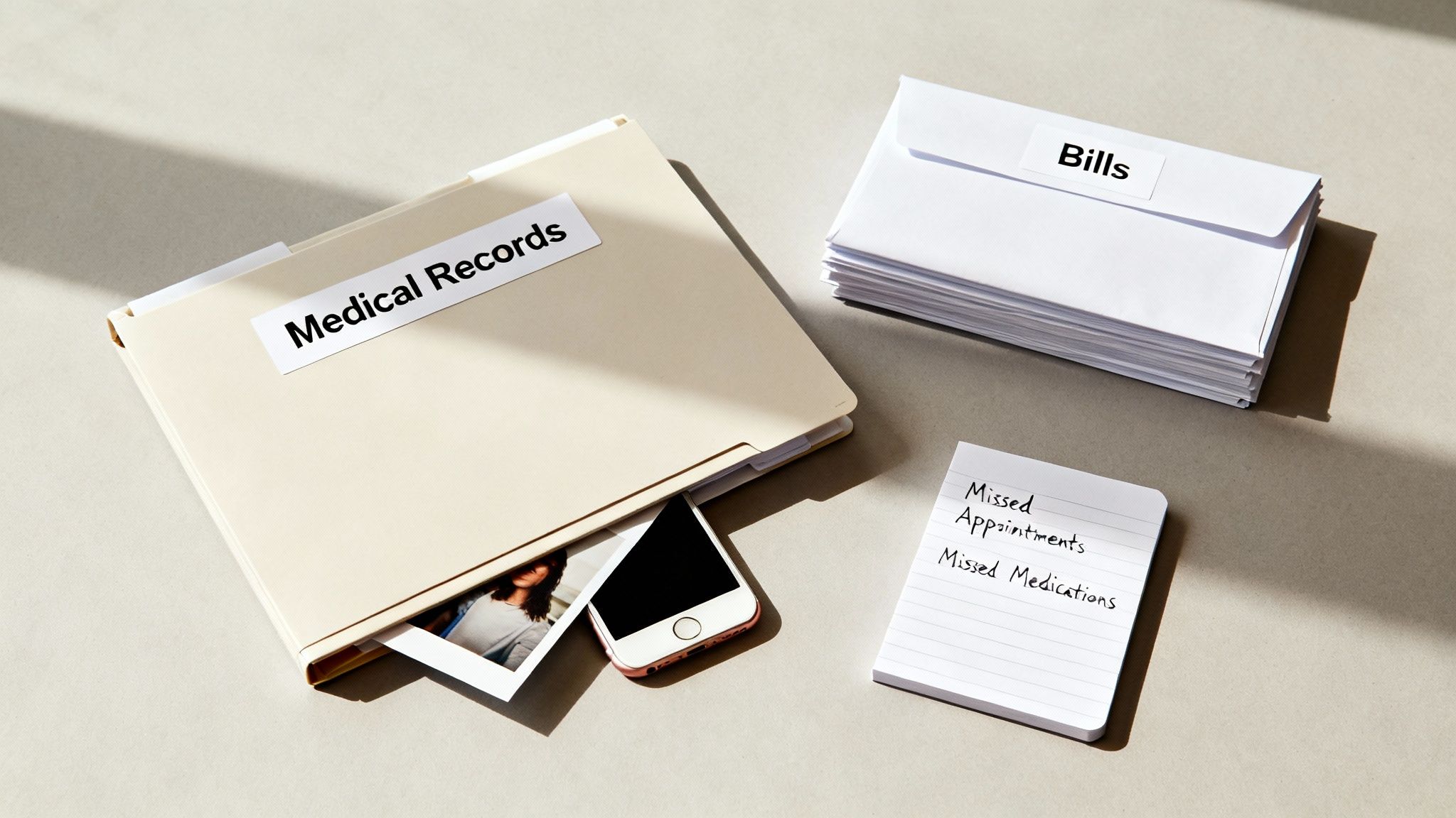 A daughter shows her elderly father documents to sign, illustrating the process of gathering evidence for guardianship.