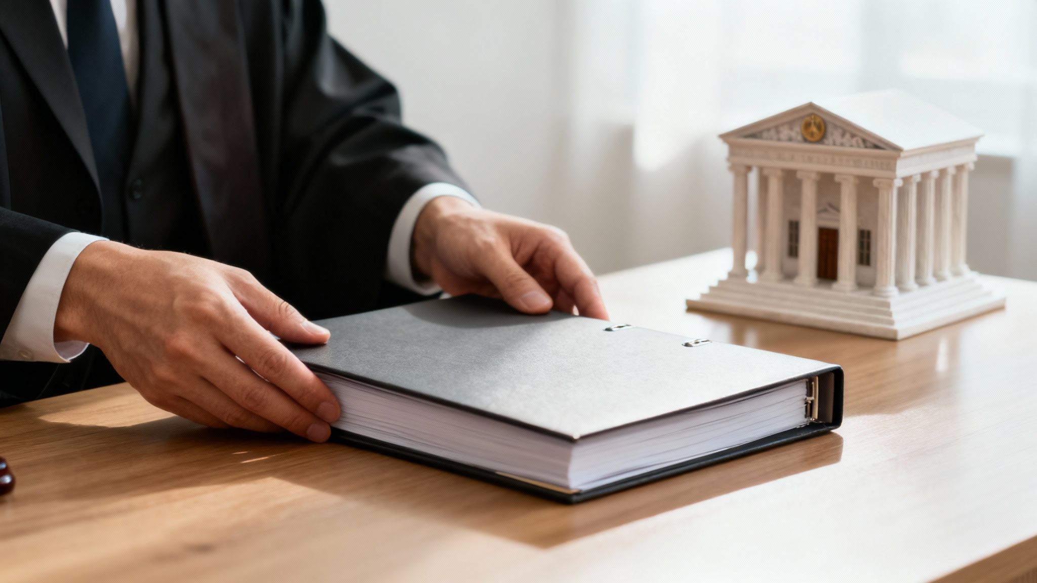 A lawyer in a suit places a legal binder on a wooden desk next to a court building model.