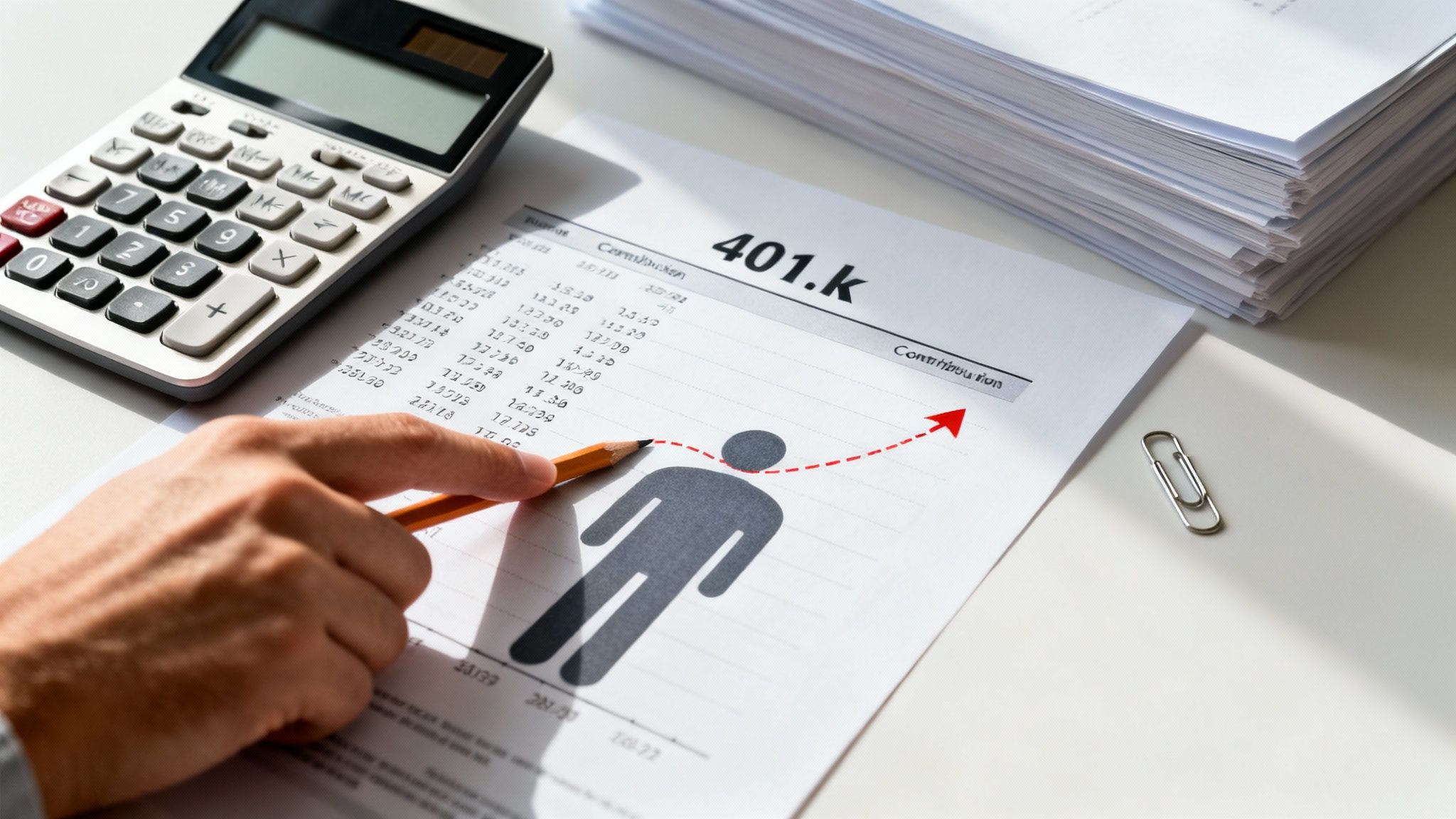 Hand with a pencil pointing at a 401k document showing a growth chart, calculator nearby.