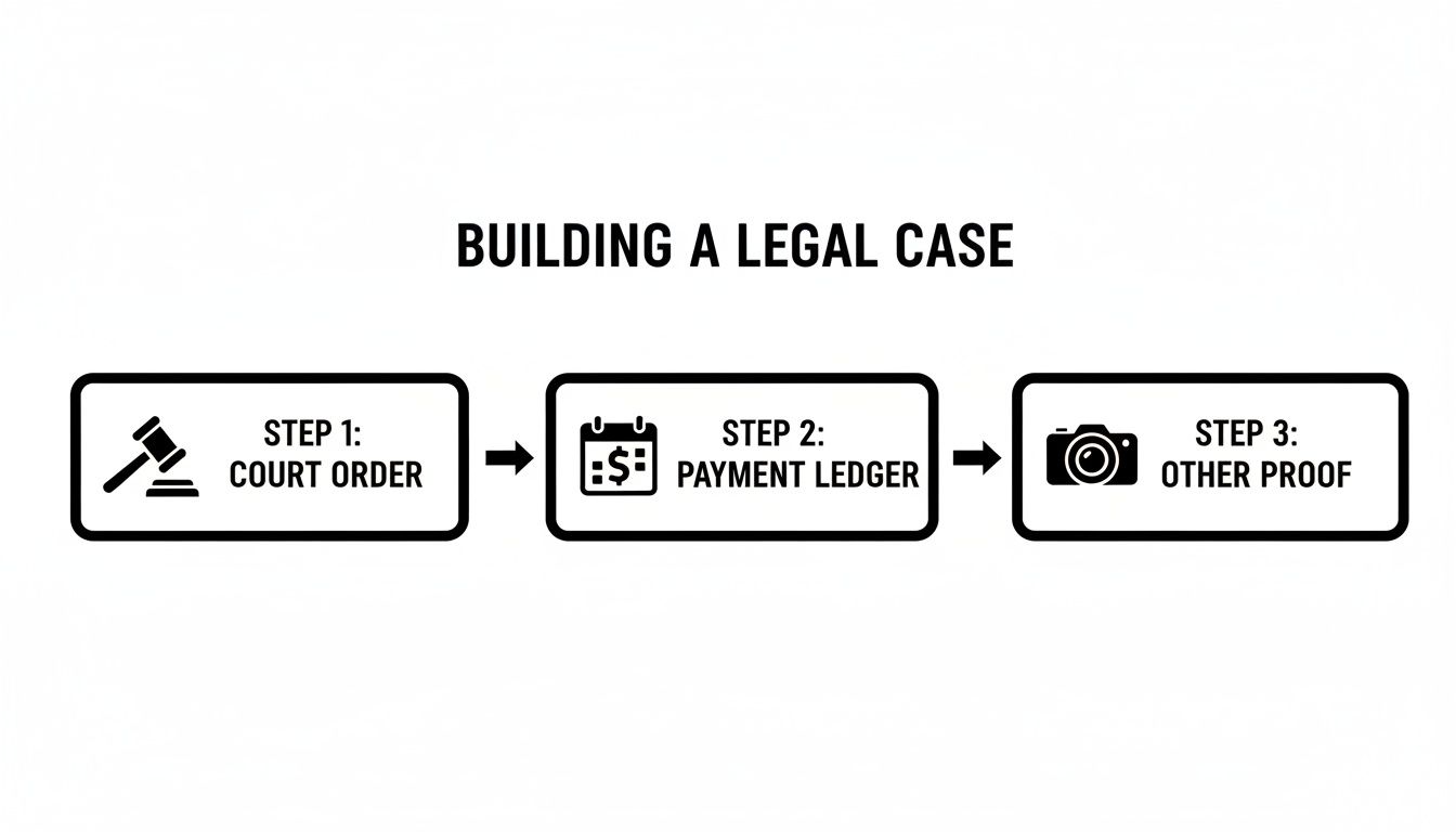 A diagram illustrating the three steps to building a legal case: court order, payment ledger, and other proof.