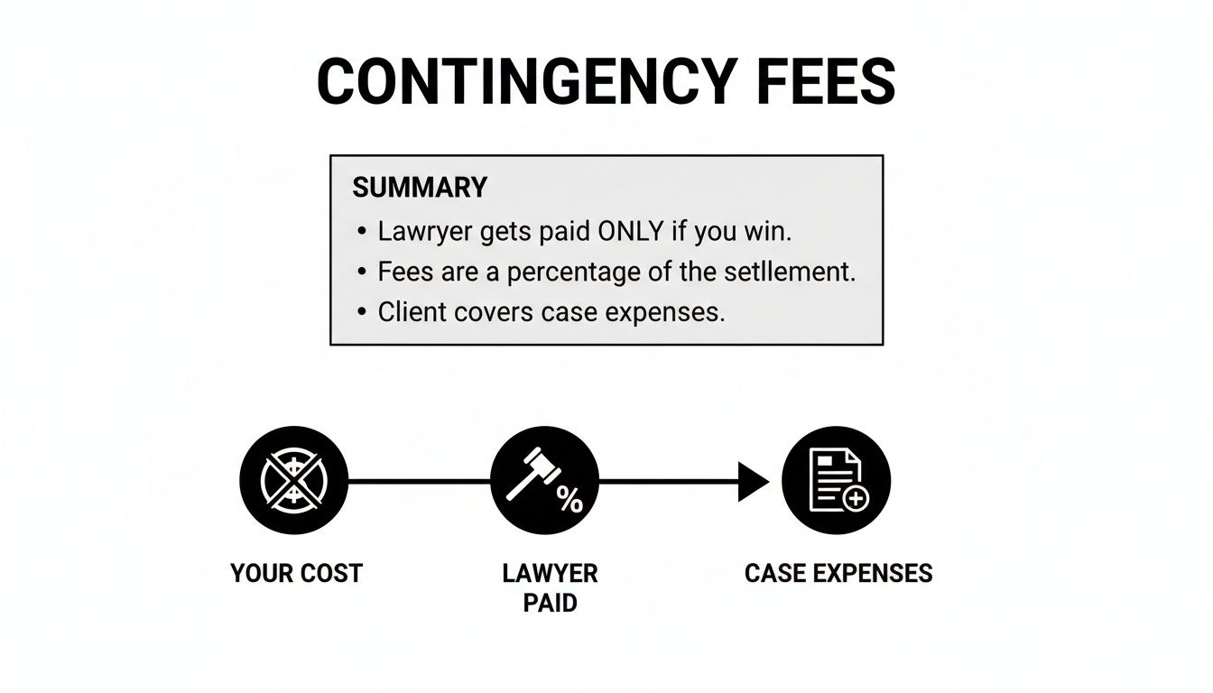 Infographic details contingency fees: lawyers paid only if you win, percentage of settlement, client covers expenses.